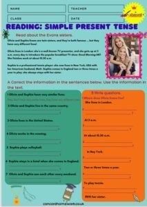 Simple present tense reading, listening and grammar worksheet