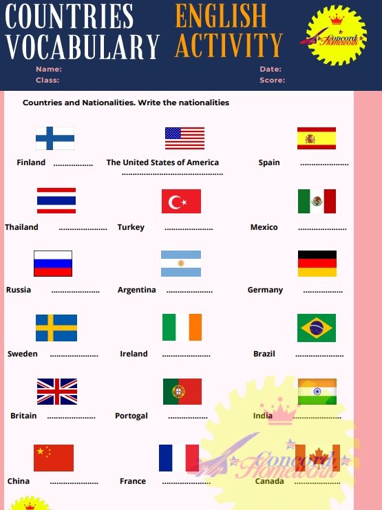 Countries and Nationalities Vocabulary for Beginner and Elementary English Worksheet