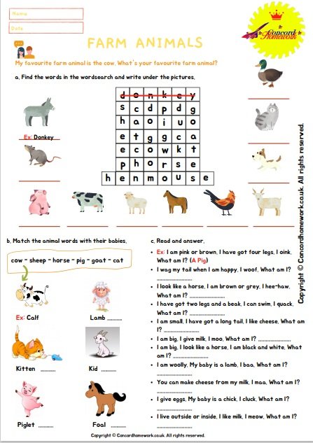 Farm animals free printable ESL EFL worksheets with answer keys for beginners