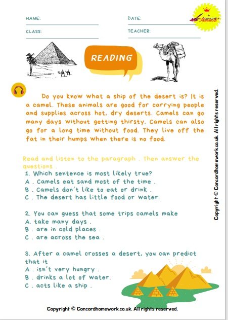 Reading and listening about Camels free ESL EFL worksheets with answer keys