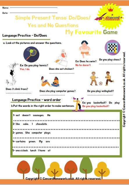 Simple present tense Do Does and Yes No questions free printable ESL EFL worksheets with answer keys