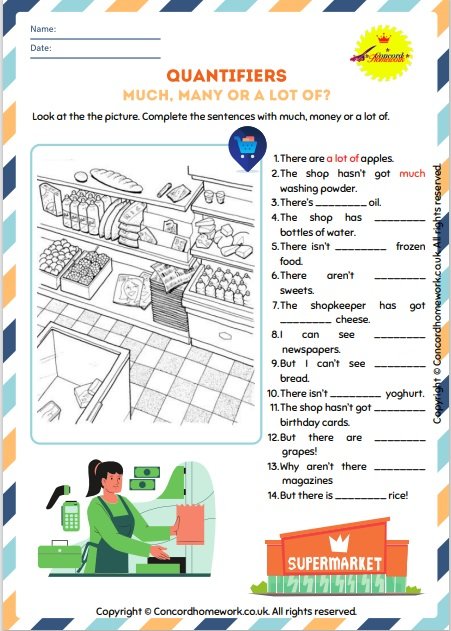 Quantifiers much, many and a lot of English worksheet