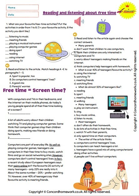 Reading and listening comprehension about free time English worksheet