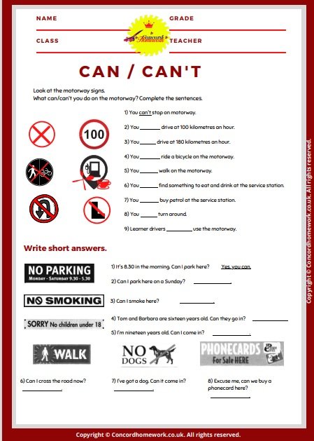 Can and can’t free printable ESL EFL worksheets with answer keys