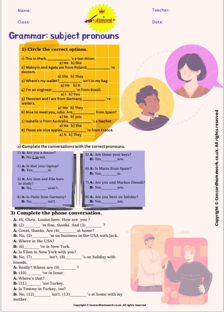 Subject pronouns printable English worksheet pdf