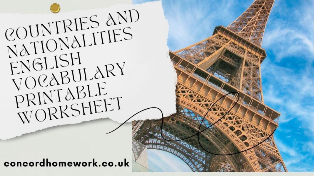 Countries and nationalities English vocabulary printable worksheet