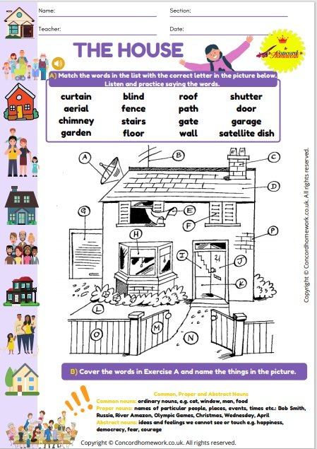 House parts English worksheet for elementary level