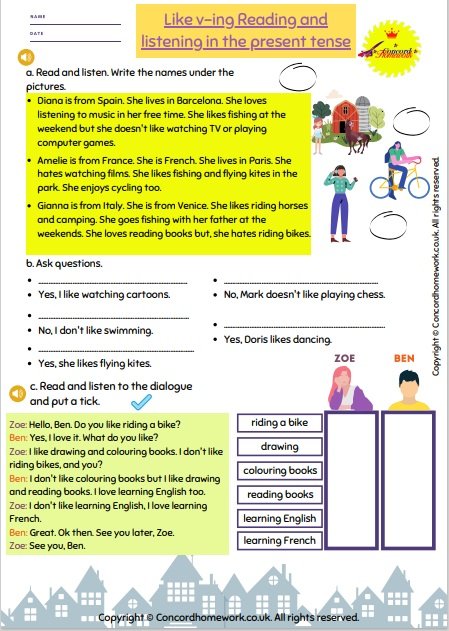 Like v-ing Reading and listening in the present tense English worksheet