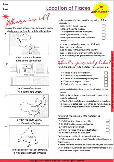 Location of places in English worksheet