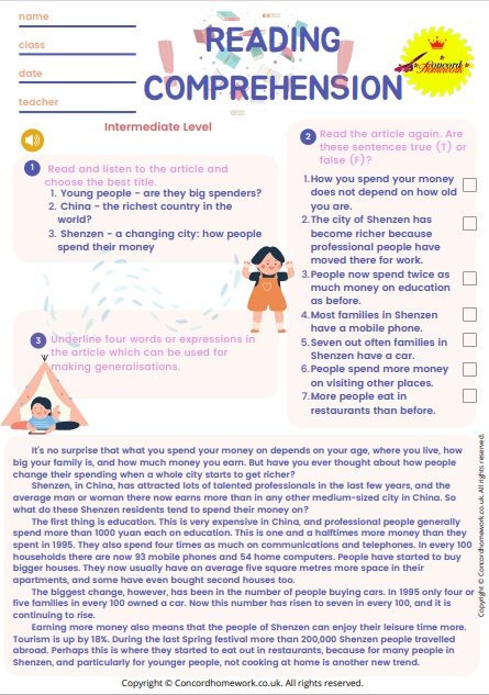 Reading and listening comprehension for intermediate level English Worksheet