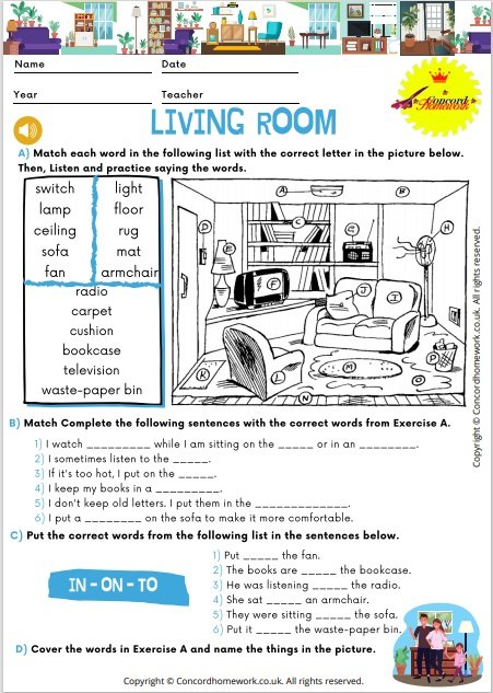 Things in the living-room in English printable worksheet