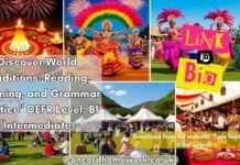 Discover World Traditions: Reading, Listening, and Grammar Practice” CEFR Level: B1 (Intermediate) A colorful depiction of global festivals, including Diwali, Carnival, Hanami, and Oktoberfest.