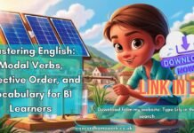 Mastering English: Modal Verbs, Adjective Order, and Vocabulary for B1 Learners A student confidently presenting an English assignment, representing growth and learning.