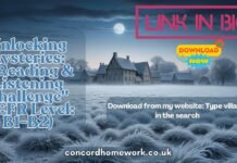 Unlocking Mysteries: A Reading & Listening Challenge” (CEFR Level: B1-B2) A misty, abandoned village with eerie lights in the distance