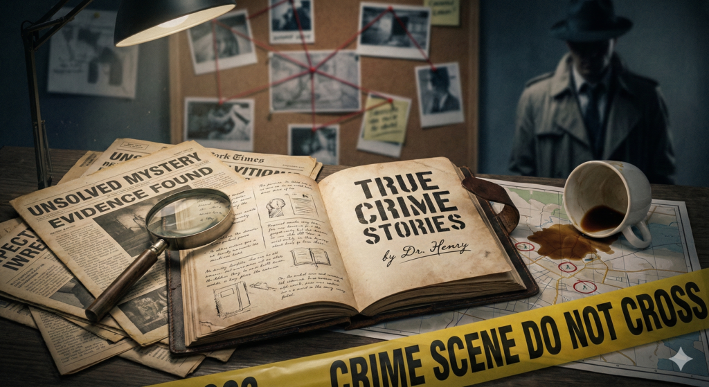 A cinematic overhead shot of a detective's desk featuring an open vintage book titled "True Crime Stories by Dr. Henry," surrounded by a magnifying glass, old newspapers, a crime scene map, and yellow "Do Not Cross" tape.